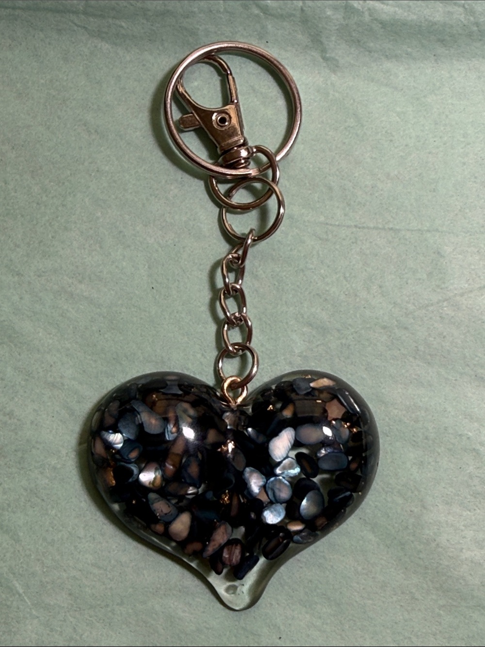 Heart Keychain with Black & Iridescent Inlay with Silver & Gold tone Accents